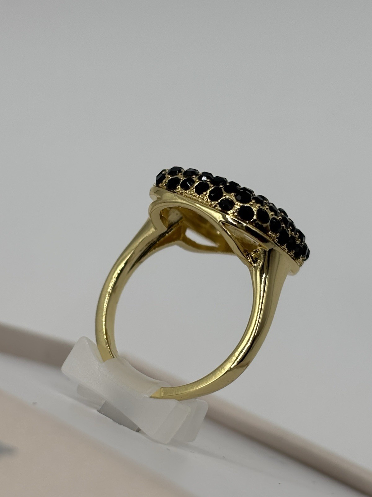 Gold Tone Black Round Crystal Pavé Cushion Dome Cocktail Ring Size 7