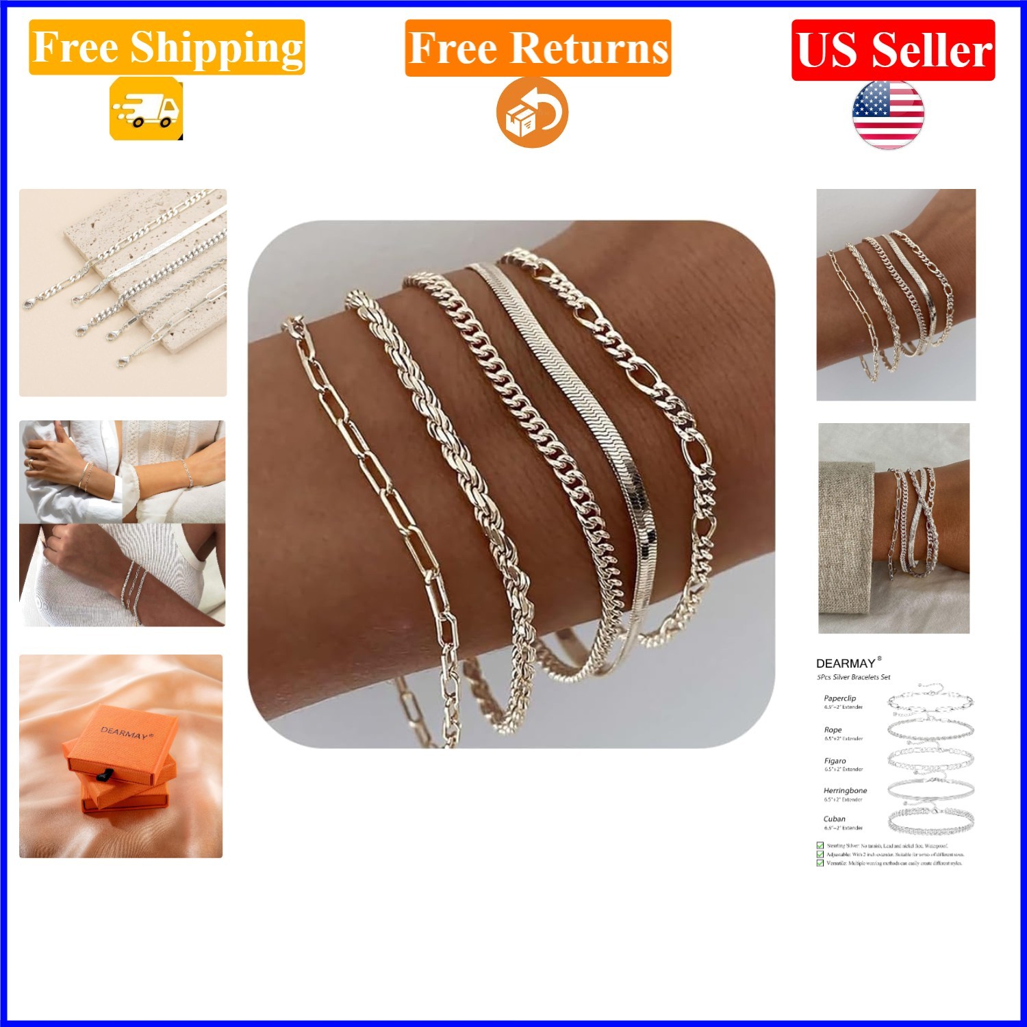 Gold Plated Women’s Bracelets Set, 5 Pcs, Adjustable, Pearl Jewelry