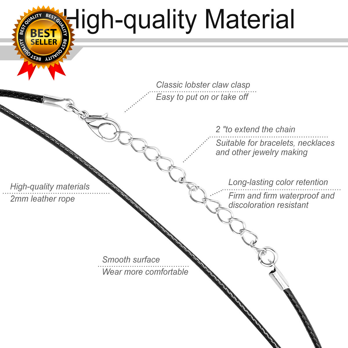 100 Pcs 2.0Mm Black Necklace Cord with Lobster Claw Clasp for DIY Jewelry Making