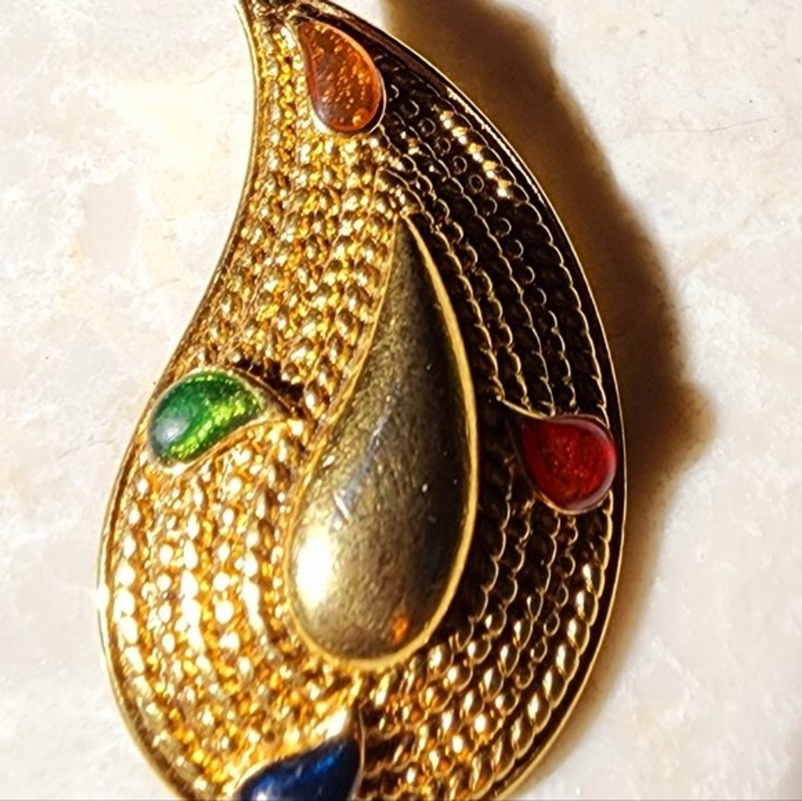 Vintage Avon Gold Paisley colorful gemstone brooch