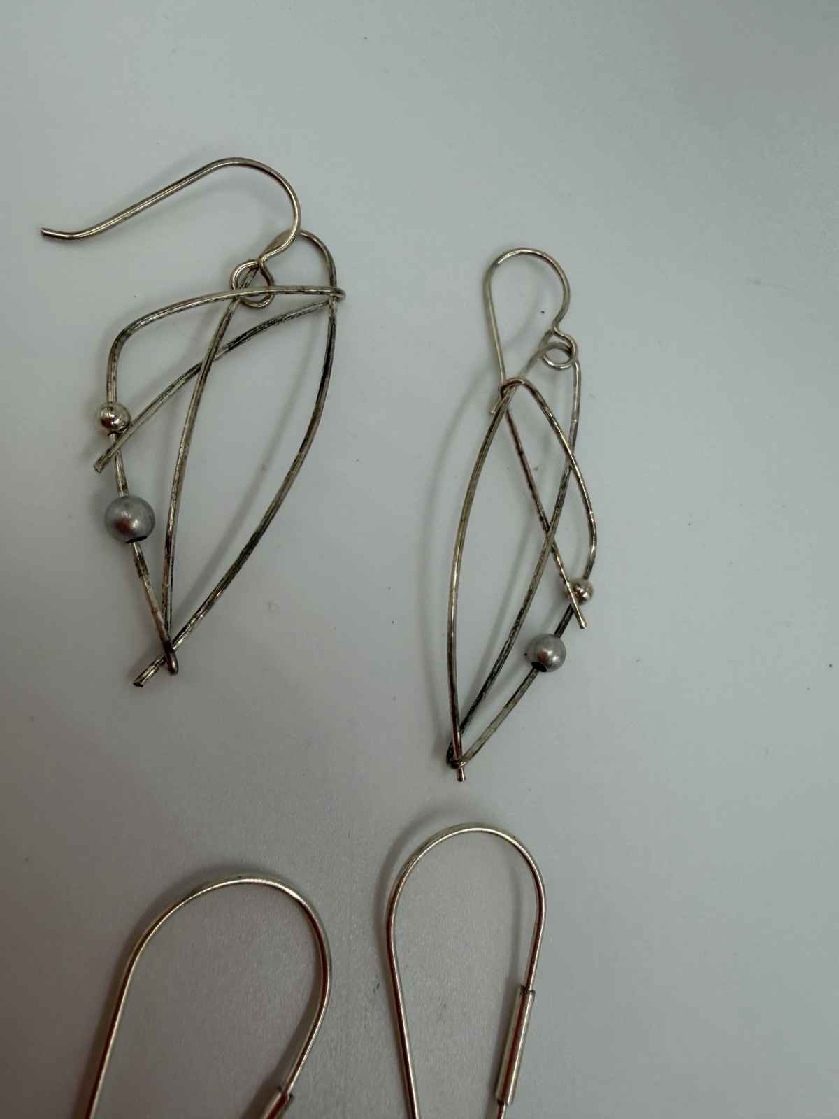 Sterling Silver Earrings Lot Kinetic Wire 2 Pair Unsigned Threader Hoop Artsy