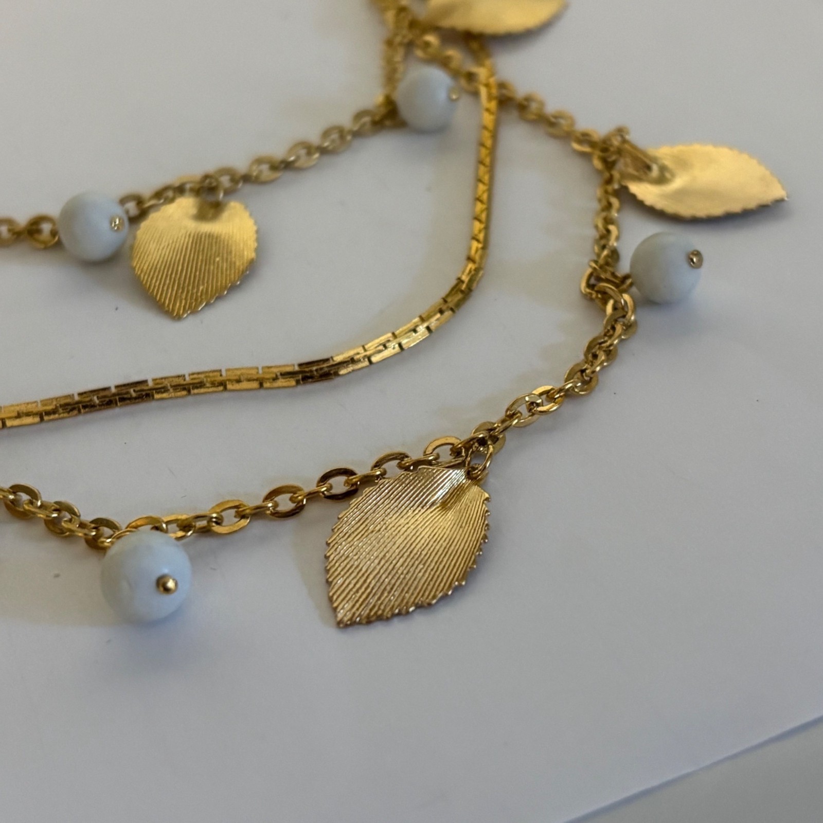 Gold-Plated Layered Necklace Textured Leaf White Bead Dangles Korea Timeless NEW