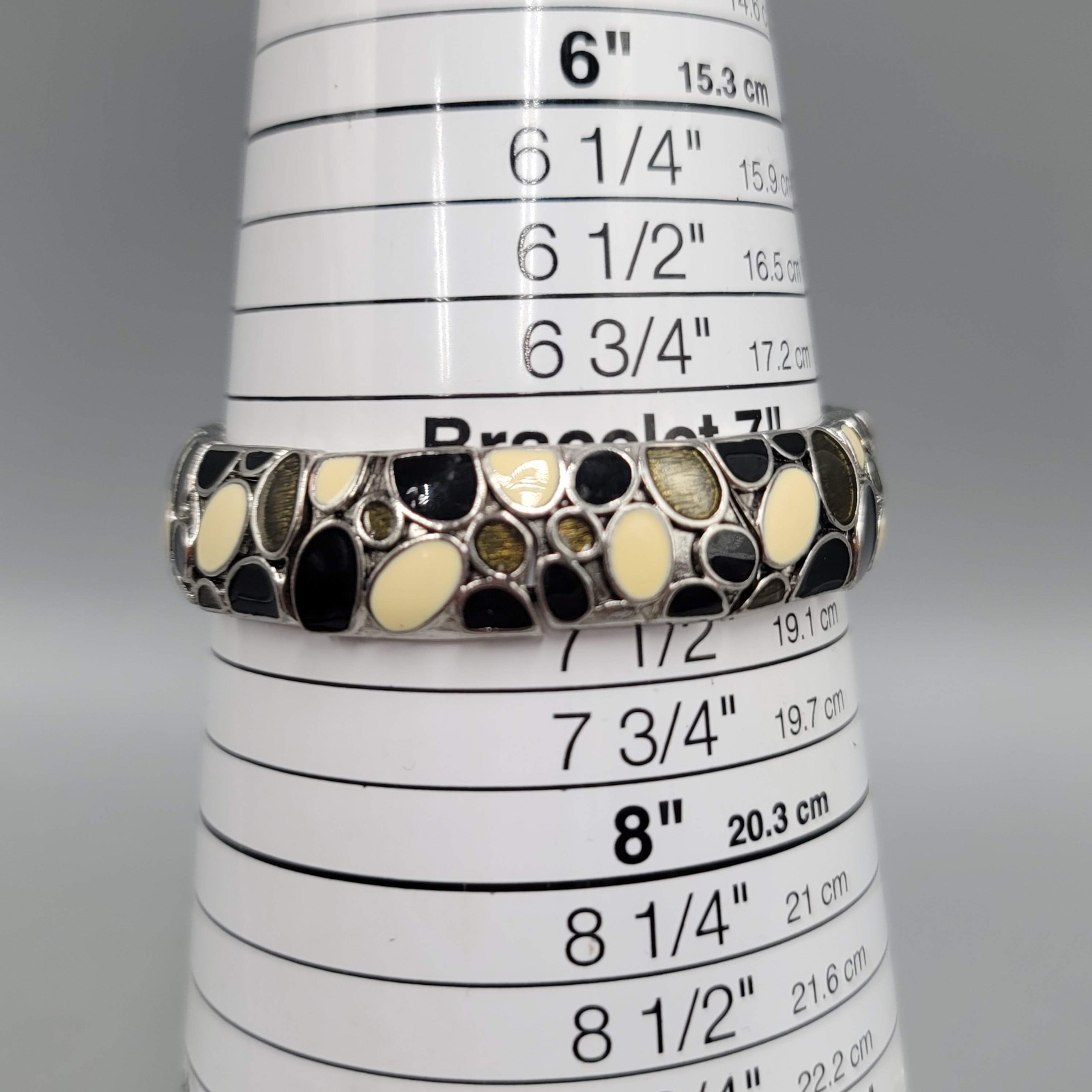 Black Green Cream Enamel Bracelet Silver tone Elastic 7″