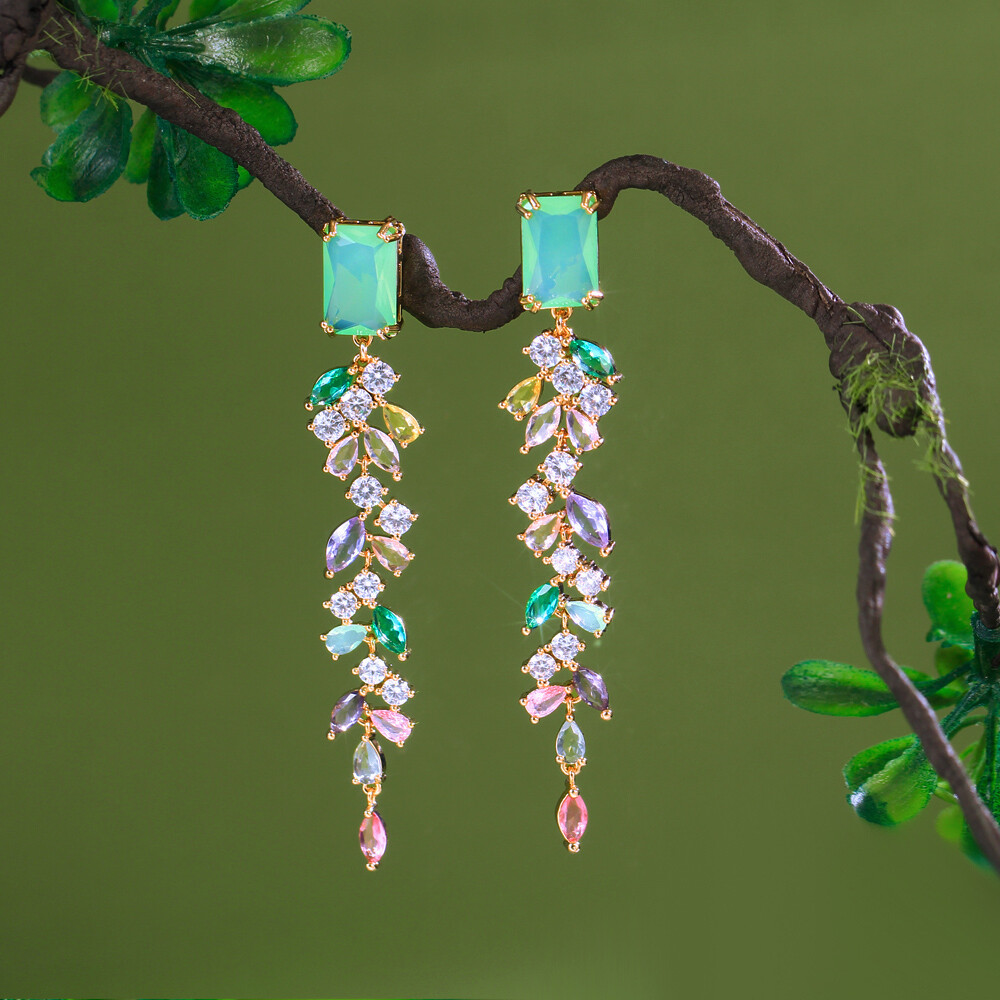 CZ Green Baguette Multicolor Leaf Long Drop Earrings Gold Plated Wedding Jewelry