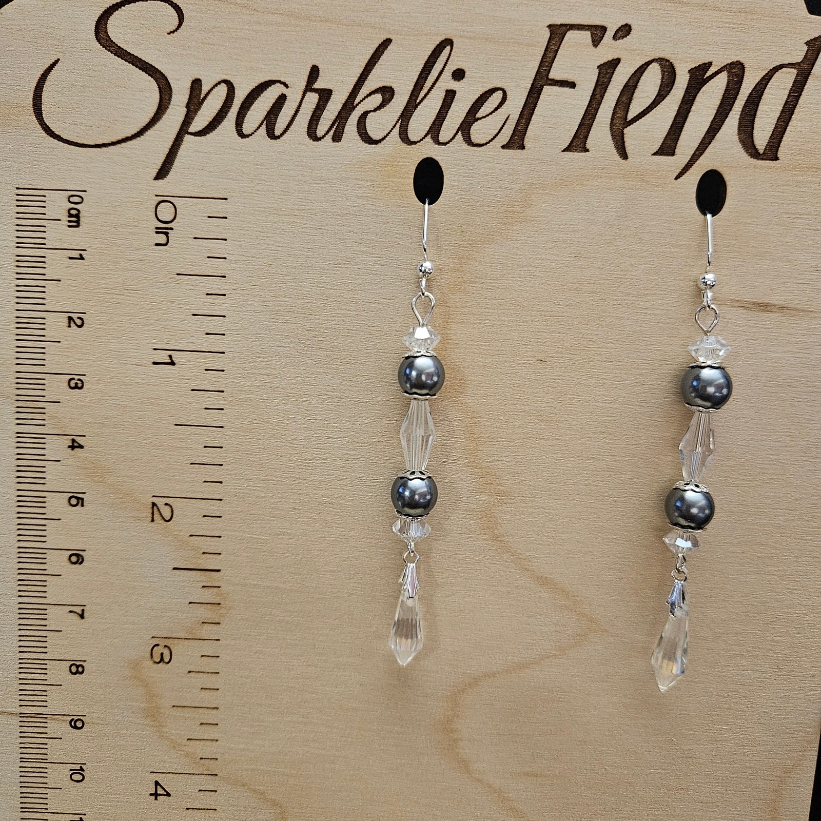 Gray faux pearl and clear faceted glass crystal dangle earrings