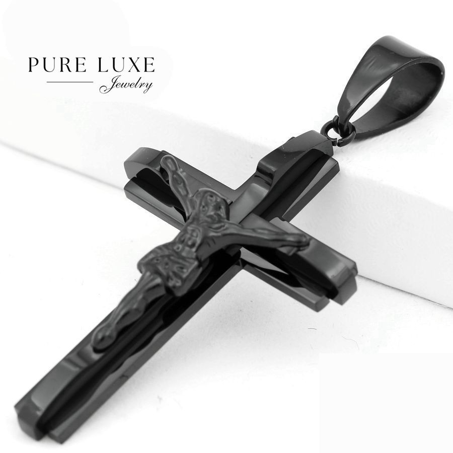 Men’s Black Stainless Steel Jesus CROSS 73mm Pendant Ion Plated Box