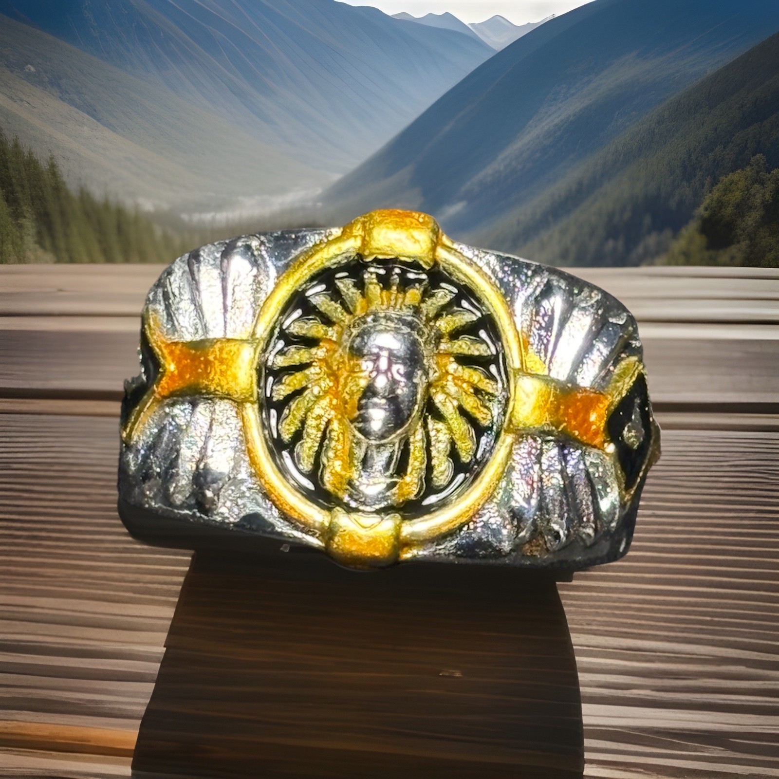 Silver Plated Band Statement Ring Size 10 Religious Motif Silver/Gold No Stone