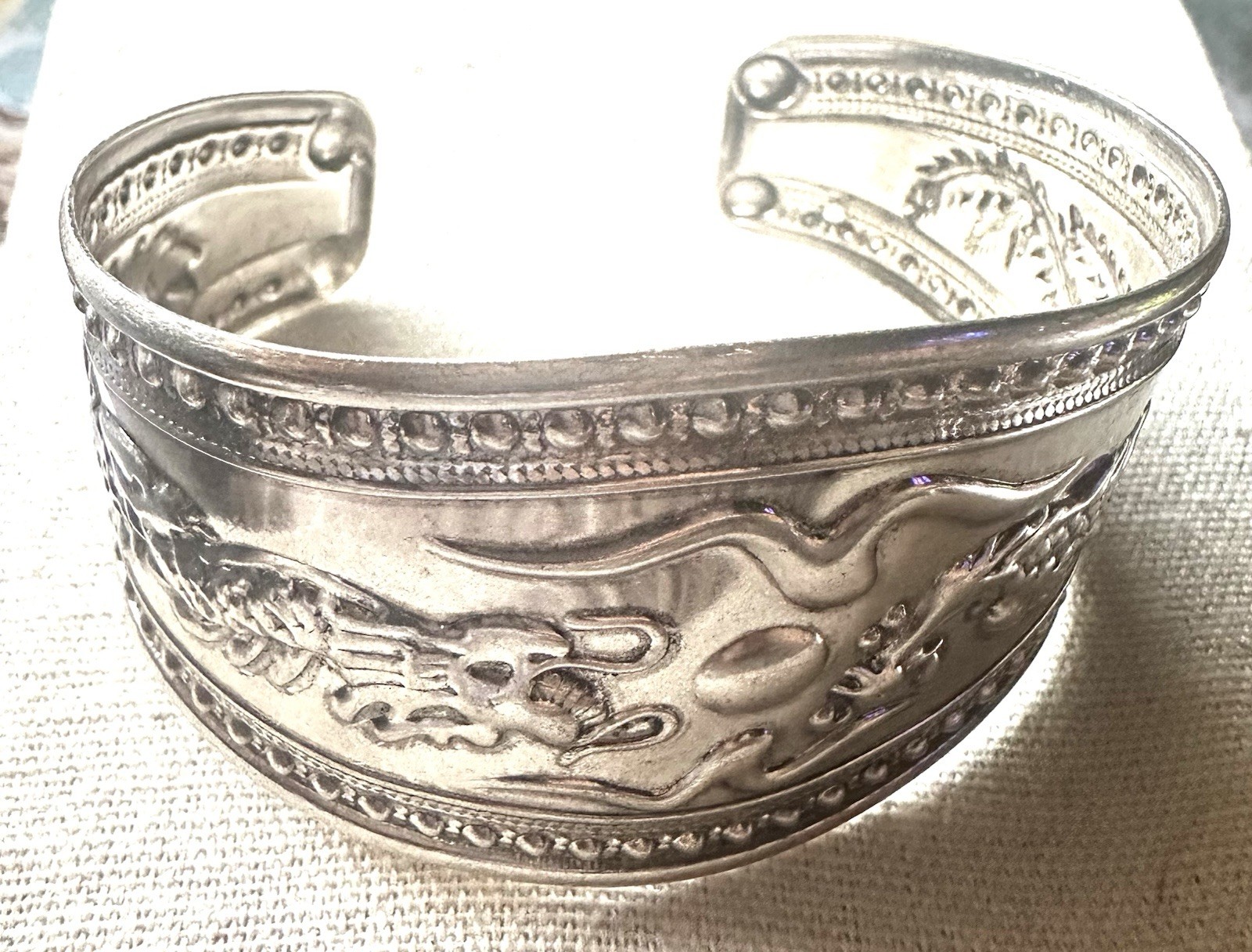 Wide Silver Tone Dragon Cuff Bracelet Asian Inspired Statement 1.5”
