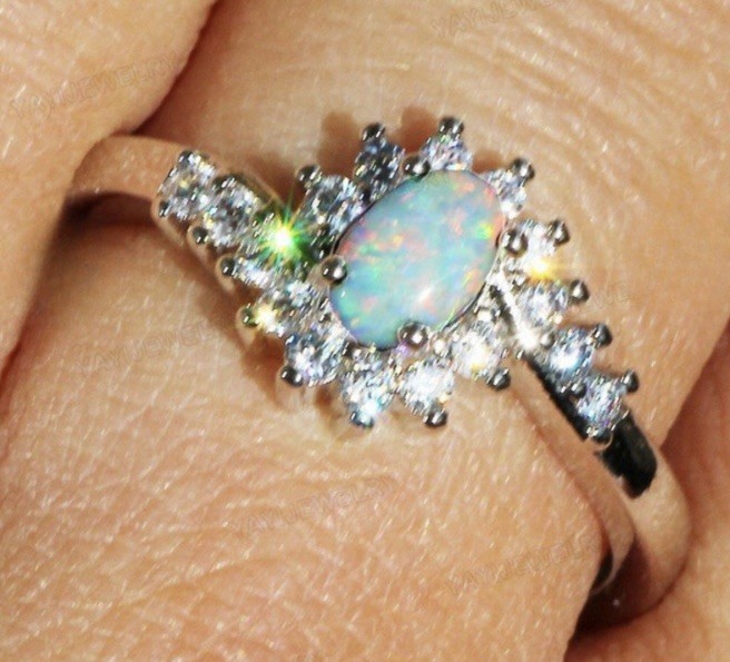 Beautiful White Fire Opal CZ Halo Ring Size 11 & Earrings Set