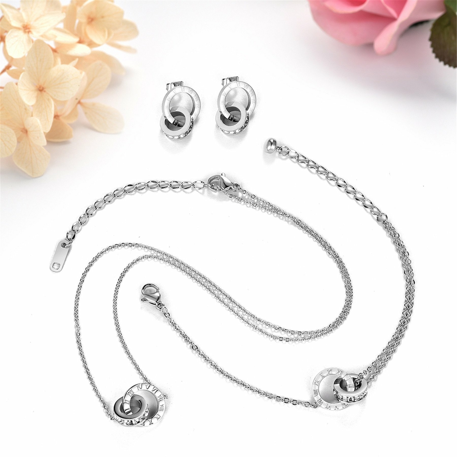 Women Jewelry Set Stainless Steel Roman numerals Necklace Earrings Bracelet Set