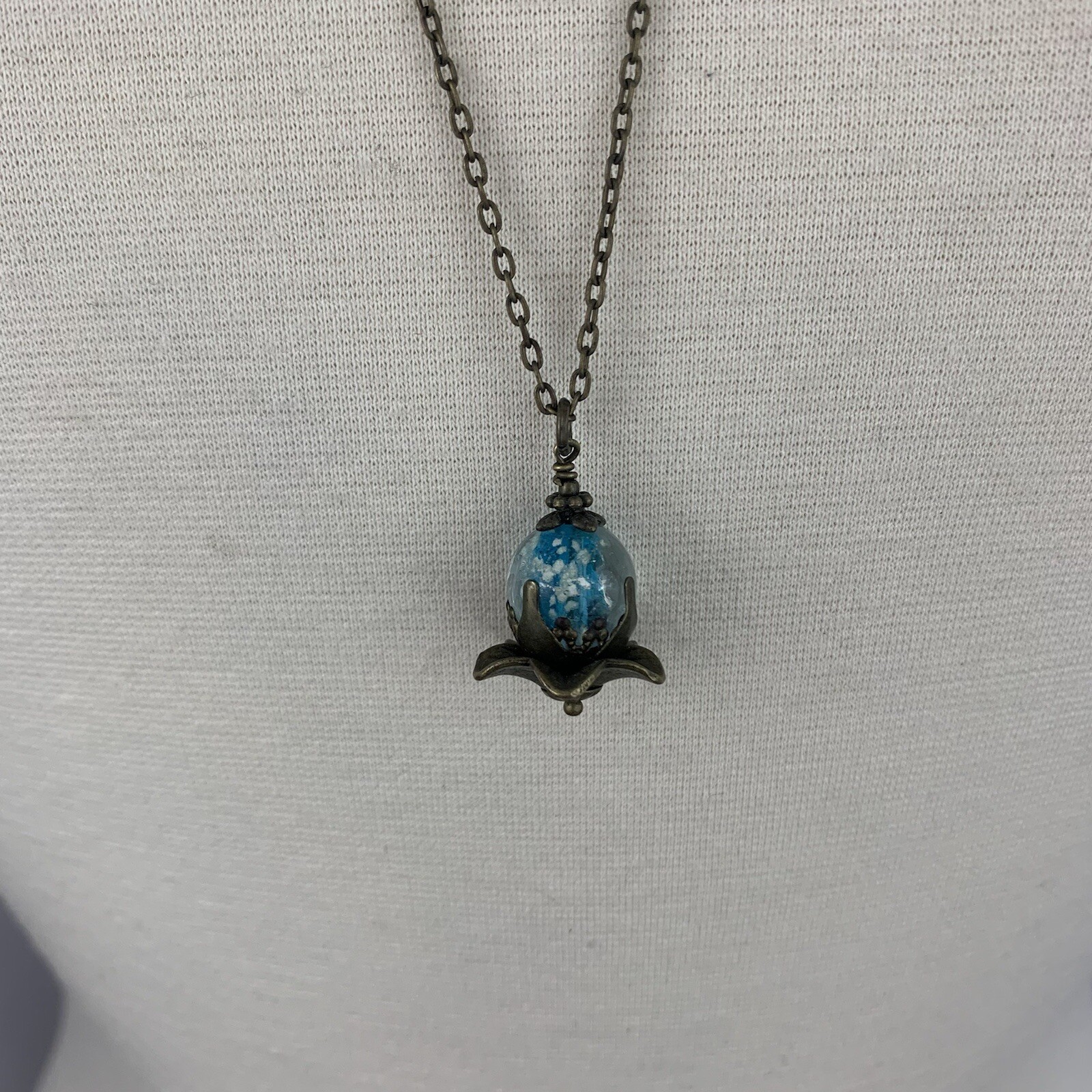 Long Boho Pendant Necklace Brass Tone Blue White Cloud Sky Look Glass Bead 30″
