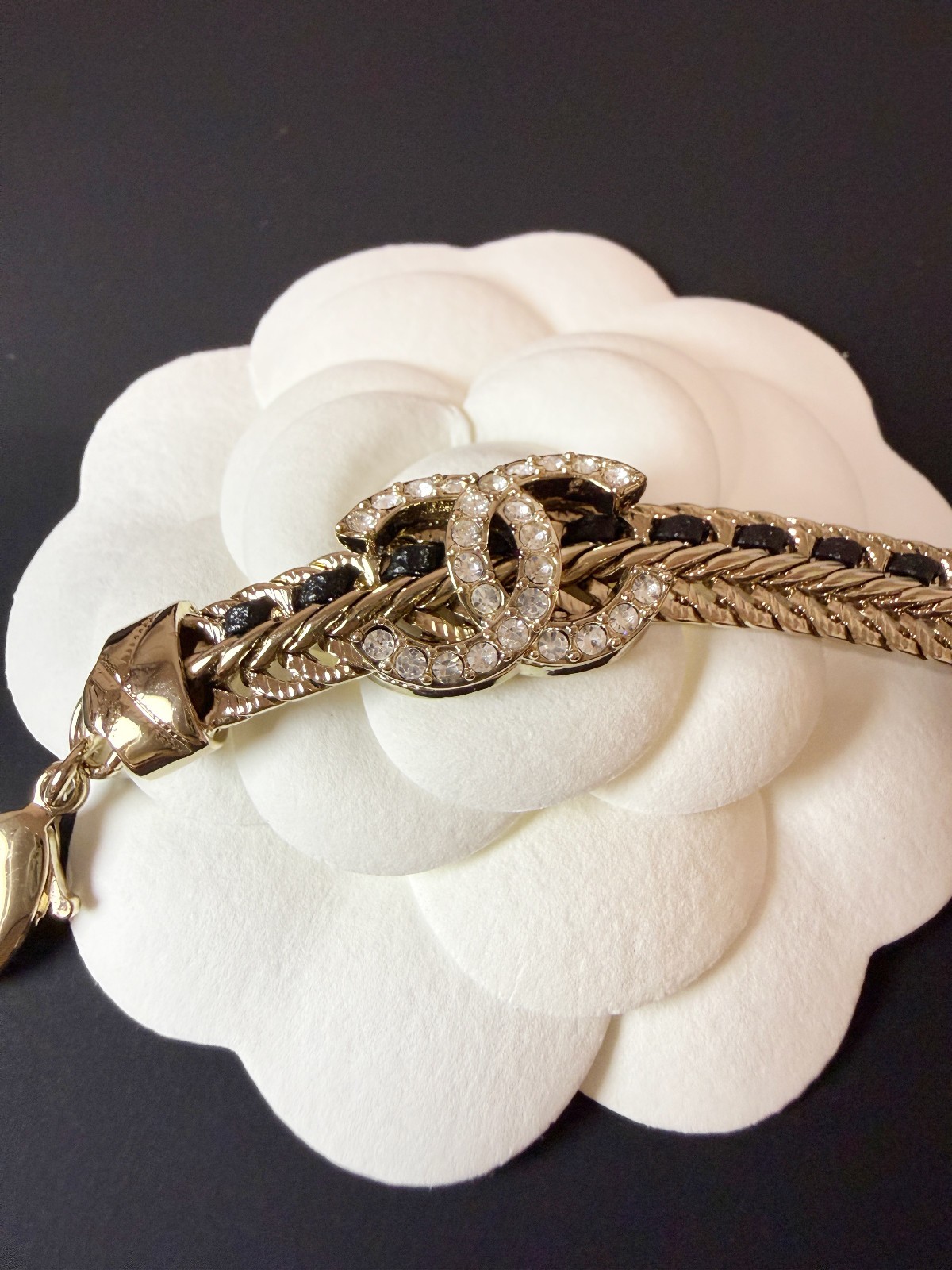 CHANEL Gold Black Leather Woven Chain Choker Necklace CC Logo BRAND NEW