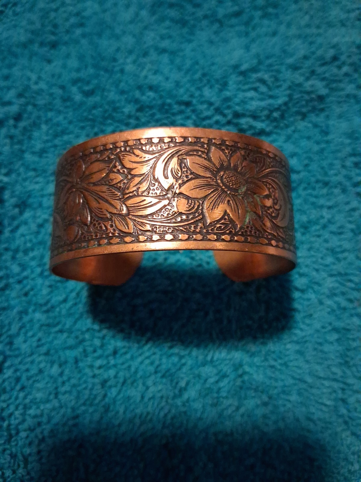 Copper Floral Engraved Cuff Bracelet Sizable Less Than 8in Flower Shape