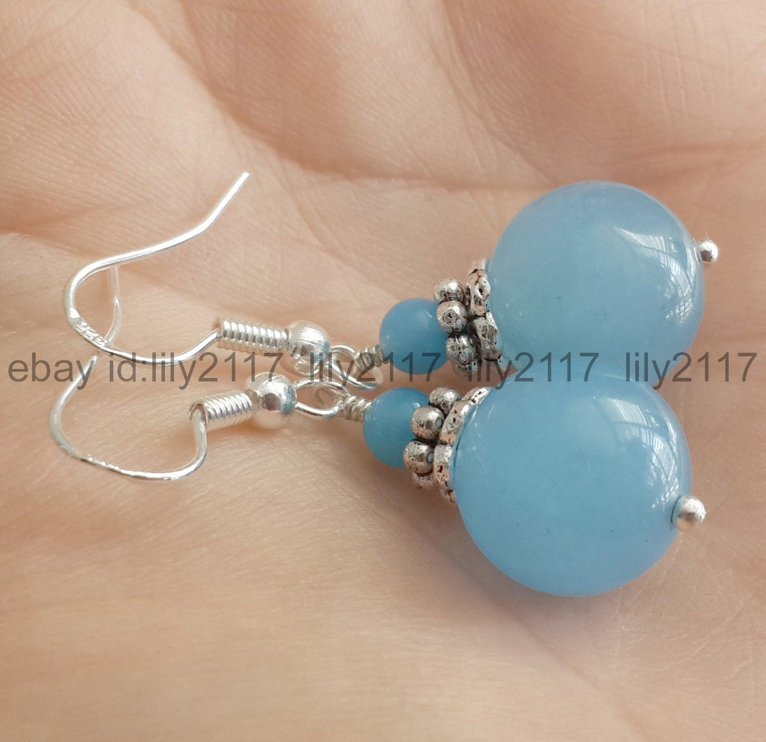 6mm &12mm Chalcedony Blue Round Gemstone Silver Hook Jewelry Dangle Earrings AAA