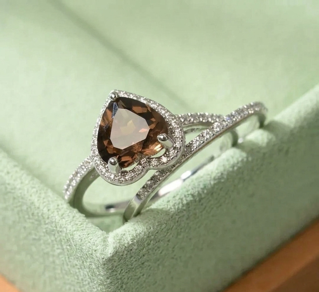 Heart Shaped Smoky Quartz, Sterling Silver Halo Engagement Ring,