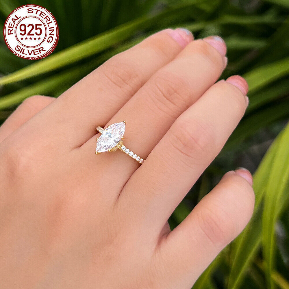 925 Sterling Silver Ring Gold Plated CZ White Marquise Cut Wedding Engagement