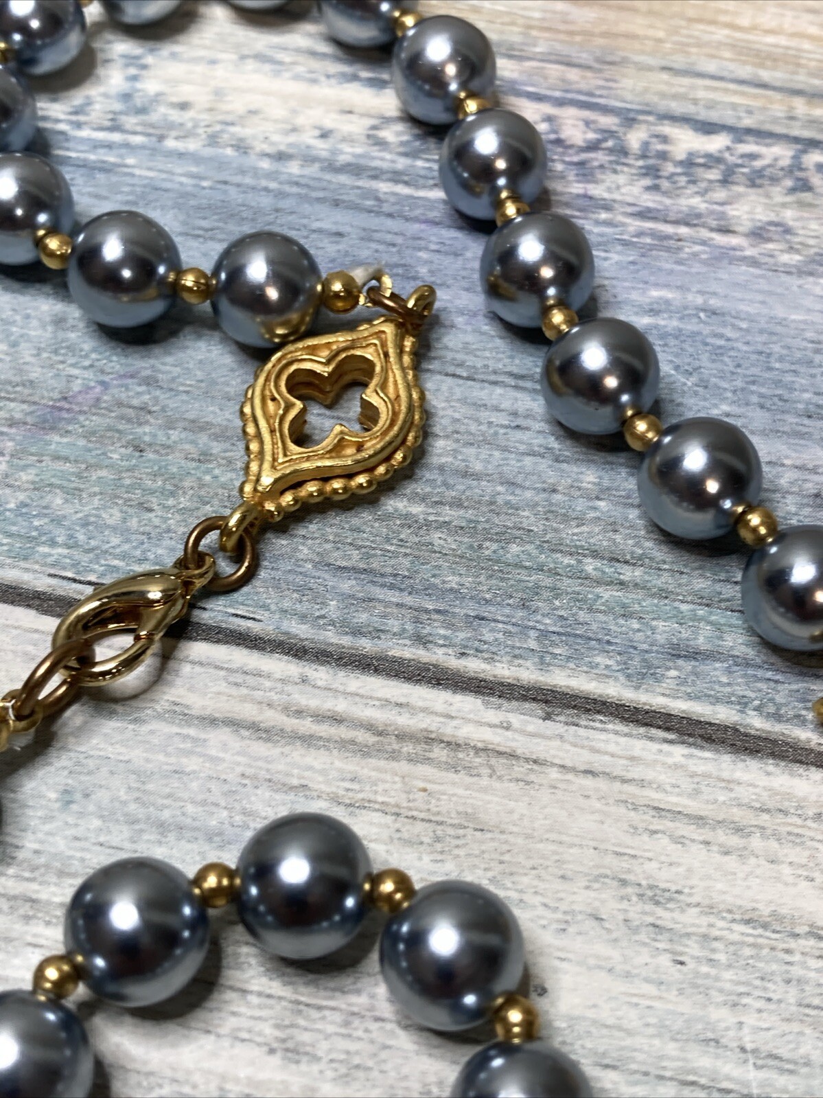 Gray Bead Gold Tone Charm 54″ Necklace Fashion Costume NWOT