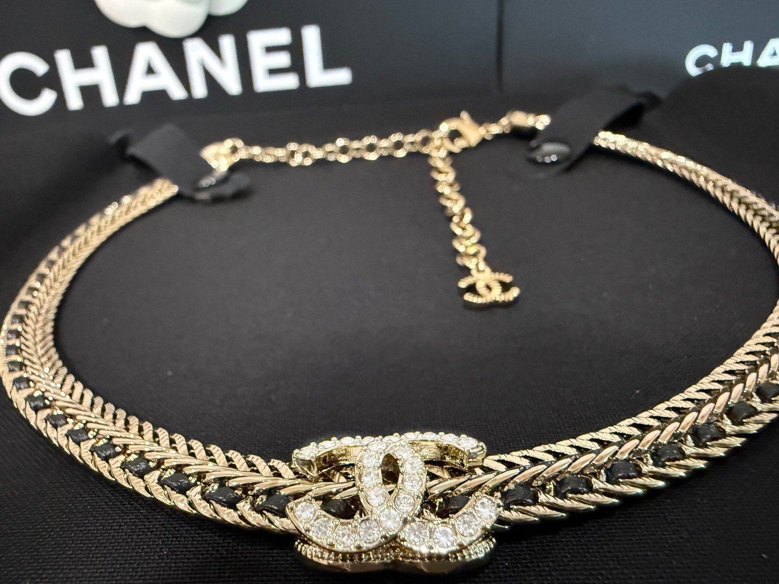 CHANEL Gold Black Leather Woven Chain Choker Necklace CC Logo BRAND NEW
