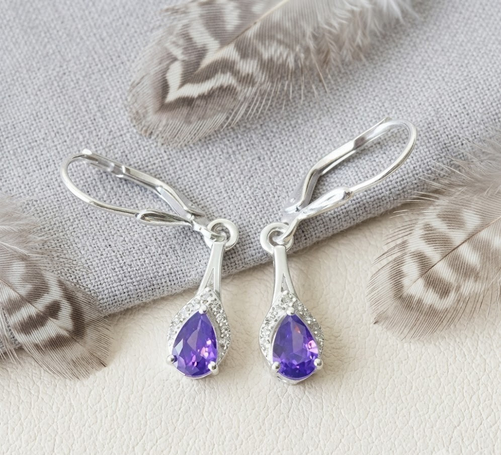 925 Sterling Silver Pear Amethyst Dangle Women Earrings Minimalist Jewelry Gift