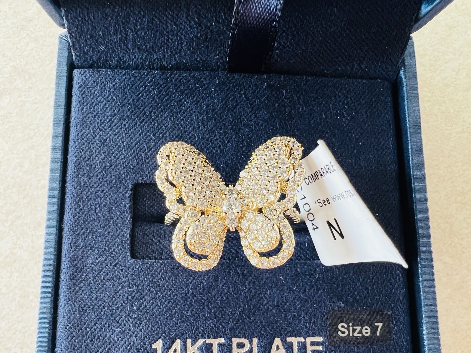 Oversized Butterfly Cocktail Ring Gold Tone Pave Crystal Rhinestone Size 7 Glam