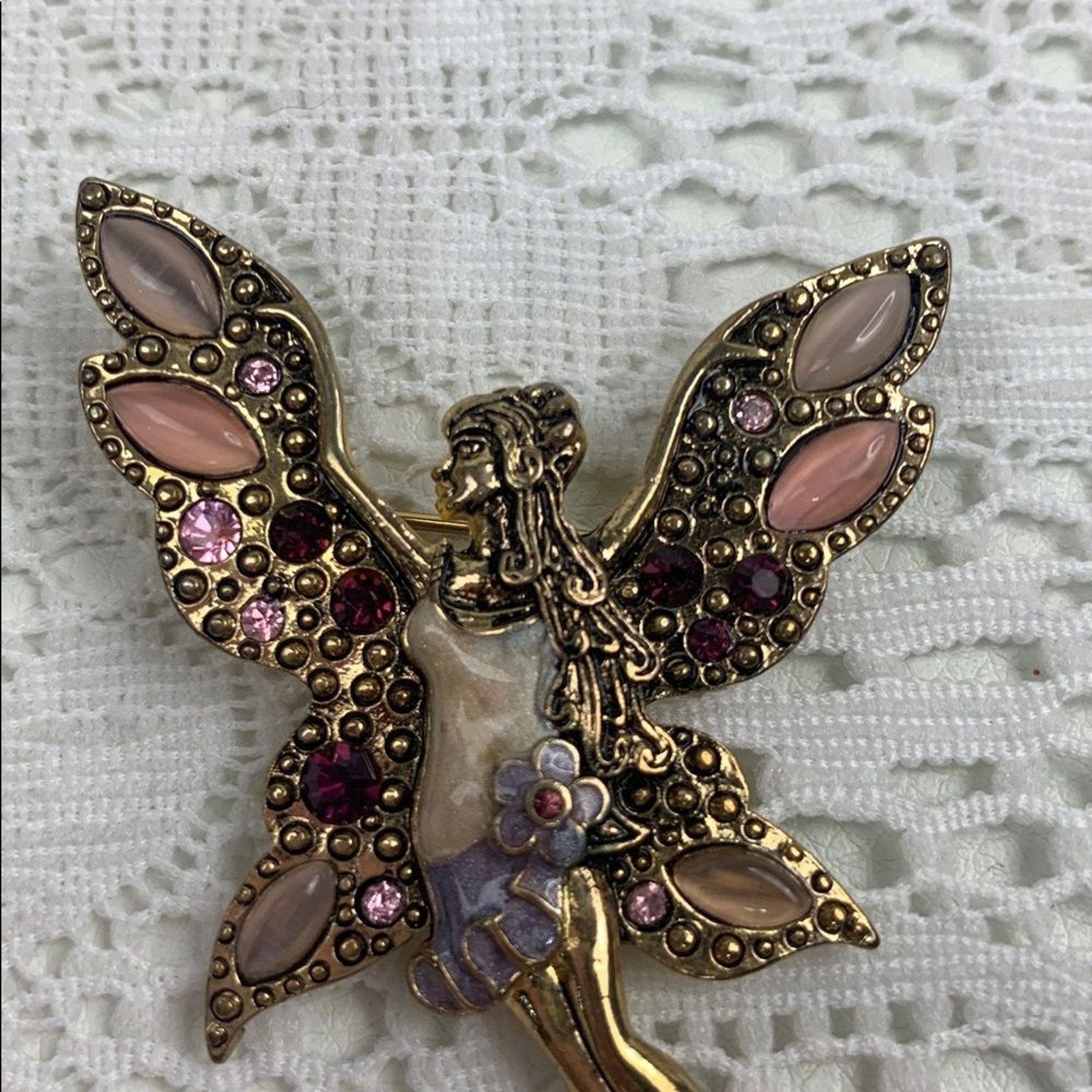 Vintage Gold and Pink Fairy Brooch Pin with gems