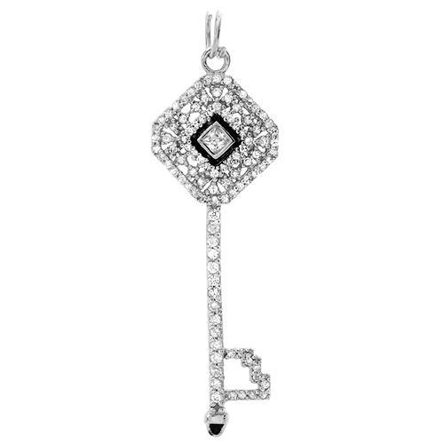Lovely Key Pendant W/1.00ctw CZ in Black Enamel and 925 Sterling Silver