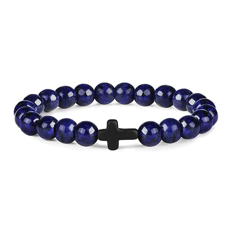 1pc Natural Stone & Wood Bead Prayer Bracelet with Cross – NEW