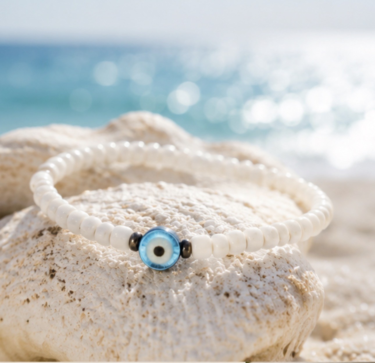 Gorgeous handmade white beaded evil eye anklet Stretchy and easy to wear