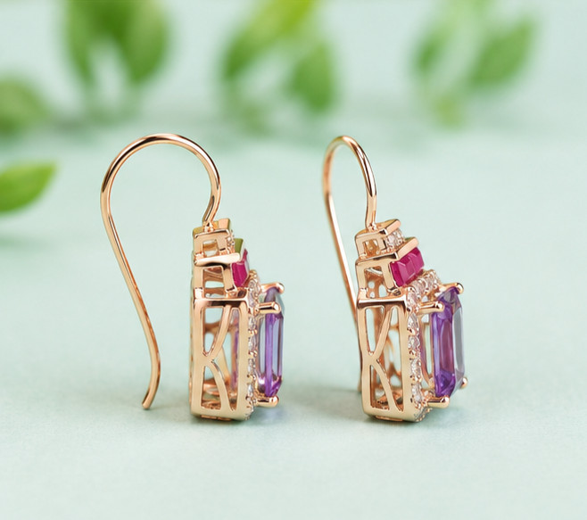 4.50Ct Emerald Cut Simulated Amethyst & Ruby Drop Earrings 14K Rose Gold Plated