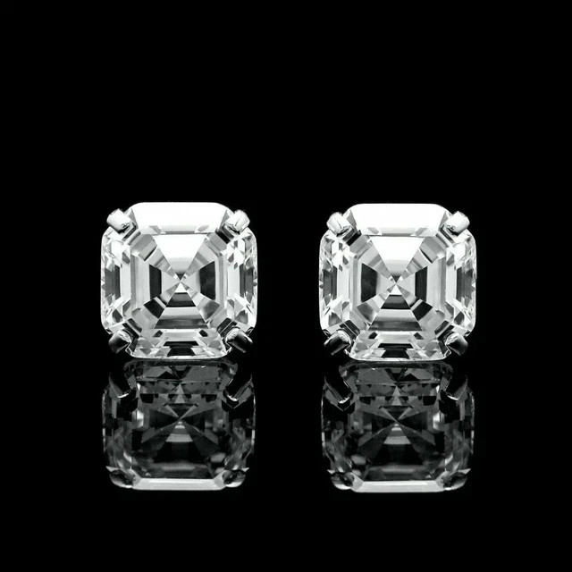 Silver 2Ct Asscher Simulated Diamond Solitaire Stud Earring 14KWhite Gold Plated