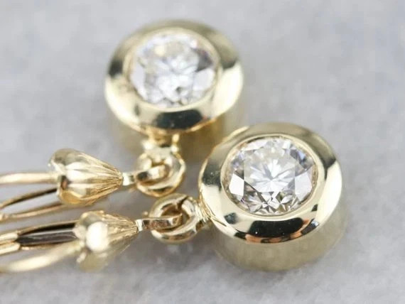 1CT Round Cut Simulated Diamond Bezel Drop Dangle Earring 14K Yellow Gold Plated