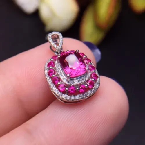 Cushion Cut Simulated Pink Ruby Women’s Pendant Chain In 14k White Gold Plated