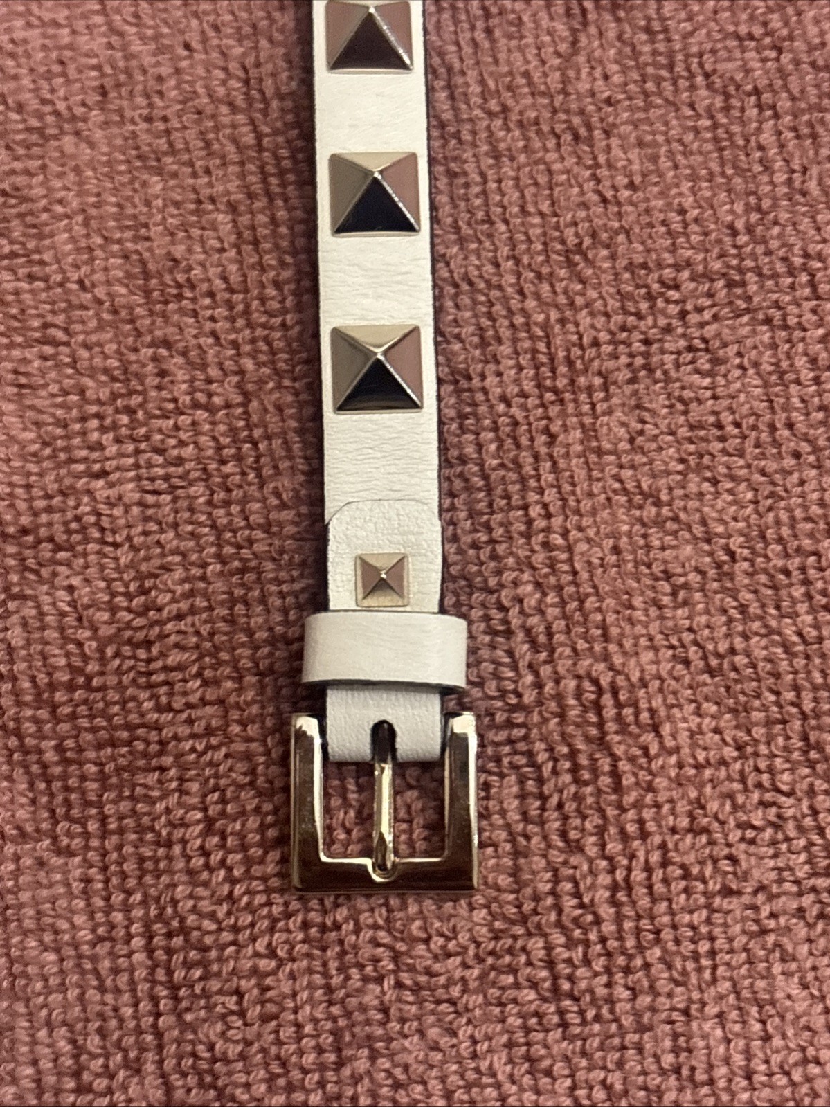 Valentino Silver Gold Rockstud Leather Bracelet Cream Beige