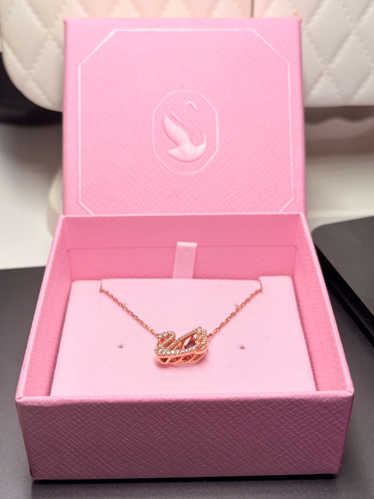 Swarovski swan necklace, pink, 18K rose gold finish, shine brightly