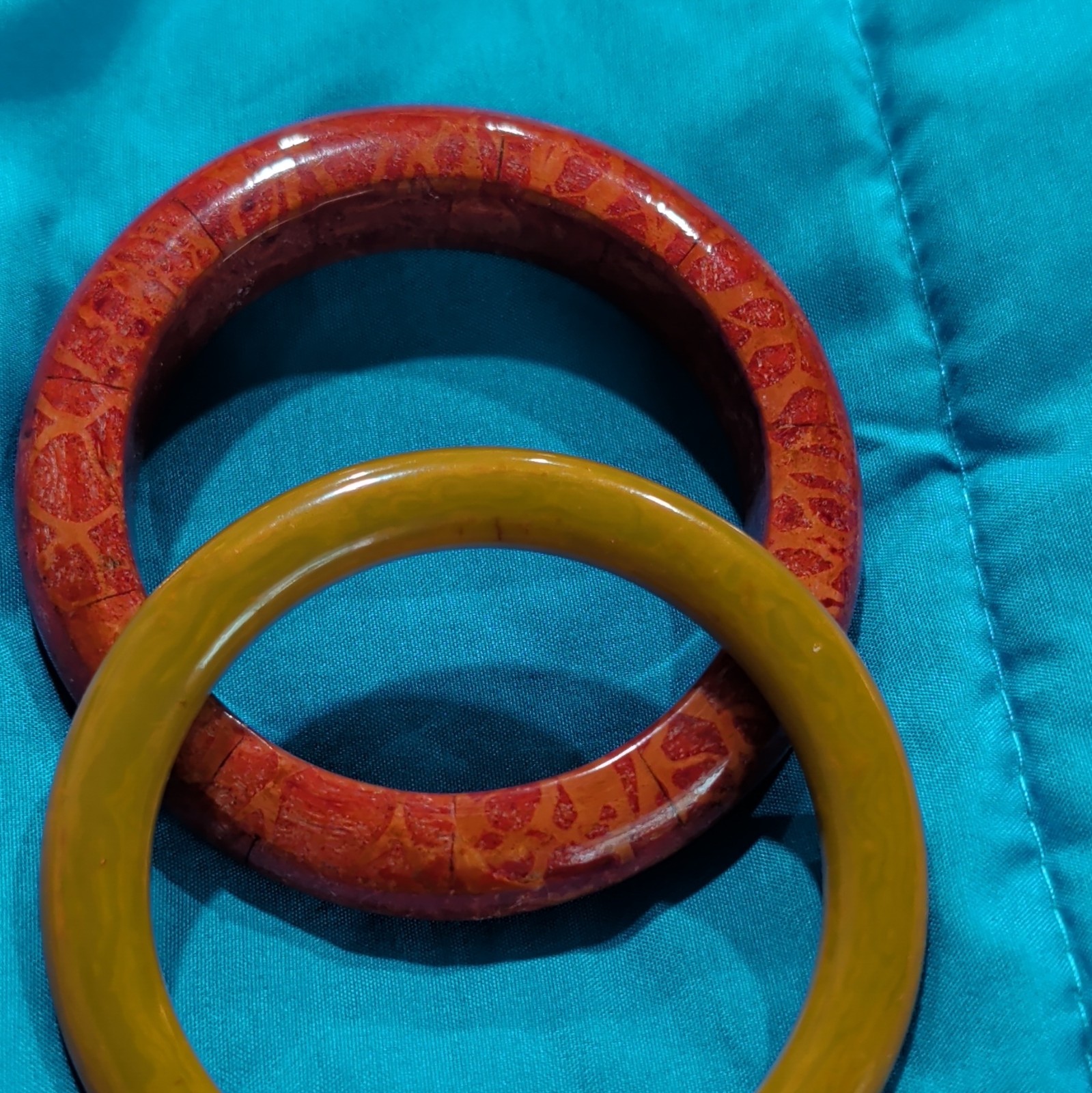 Lot of 2 Antique Butterscotch Bakelite And Red Apple Coral Slip-On Bangle