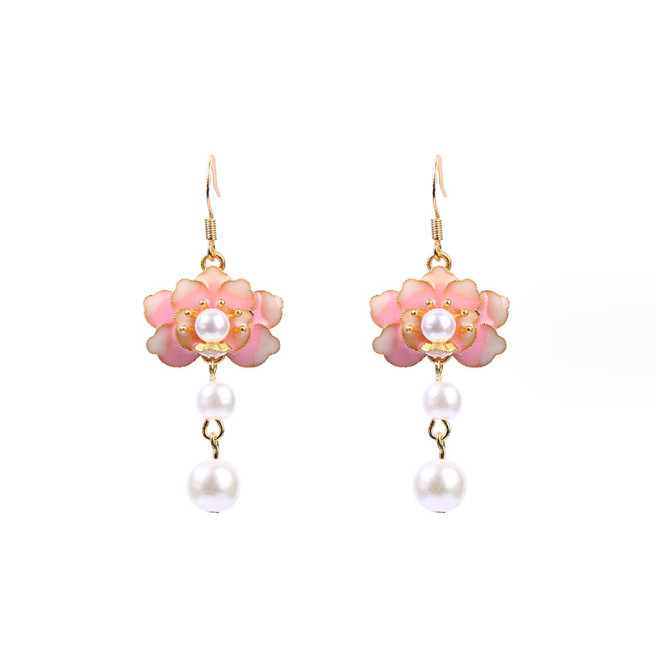Enamel Pearl Drop Dangle Earrings Boho Flower Dainty Gemstone 18K Gold Plated