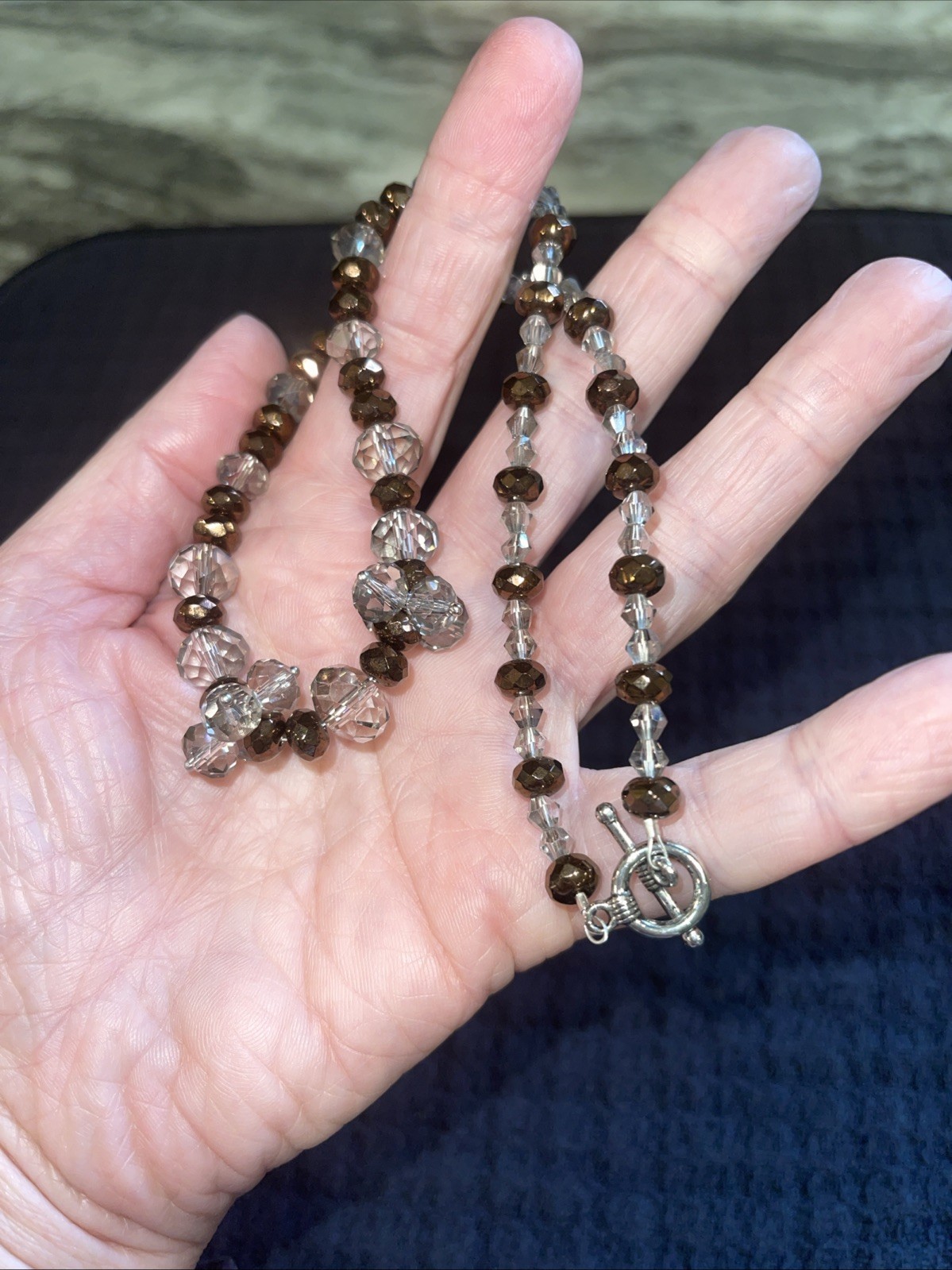 17in Necklace With Smoky And bronze Colored Crystals And Pewter Toggle Clasp NEW