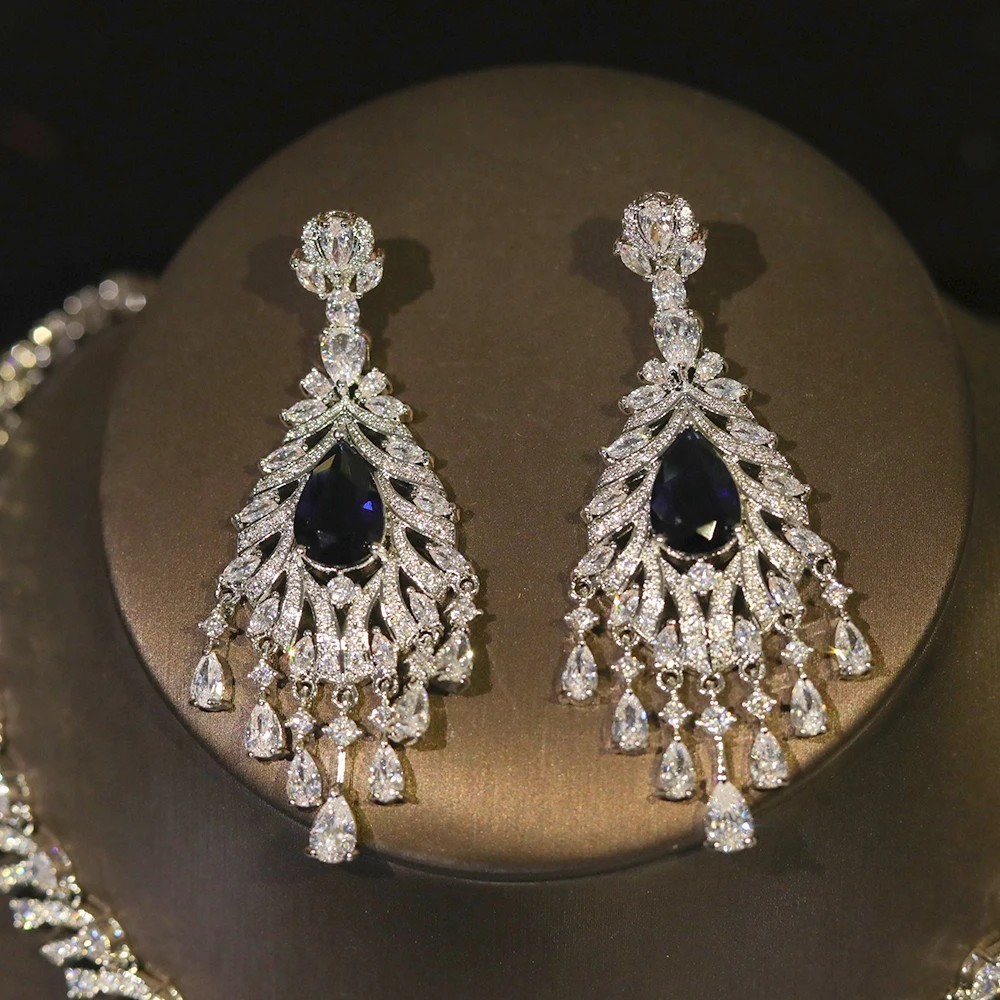 Premium Bridal wedding Jewelry Sets Necklace Engagement Party Earrings Silver