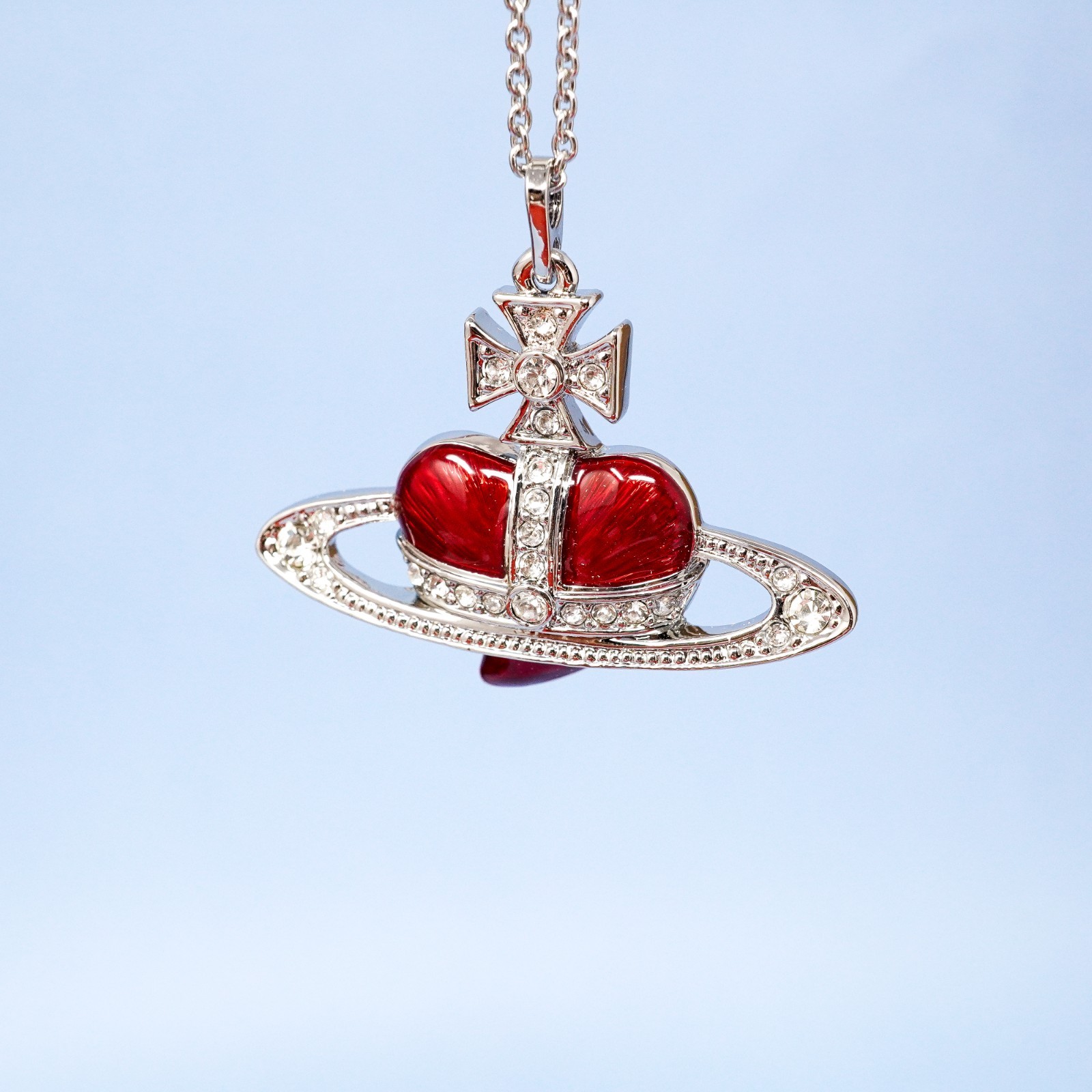 Vivienne Westwood Necklace Silver & Red Large Heart Orb Pendant Box Included