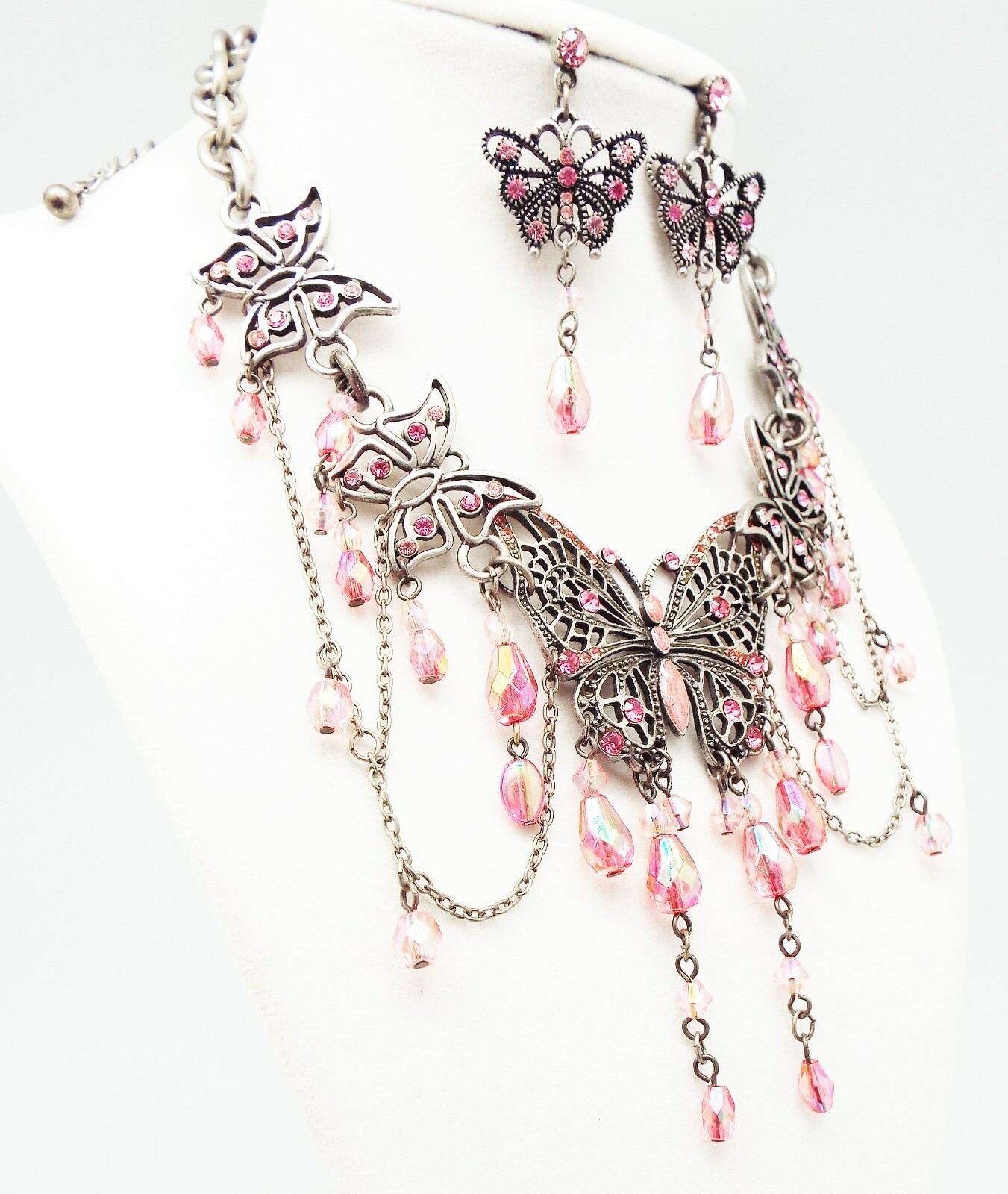 DESIGNER INSPIRED 17 in PINK A/B MULTI CRYSTAL ENAMEL BUTTERFLY JEWELERY SET NEW