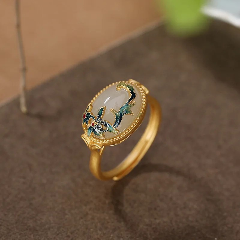 Cloisonne Set Inlaid Hetian Jade Chinese Ring Earring Bracelet Pendant Jewelry