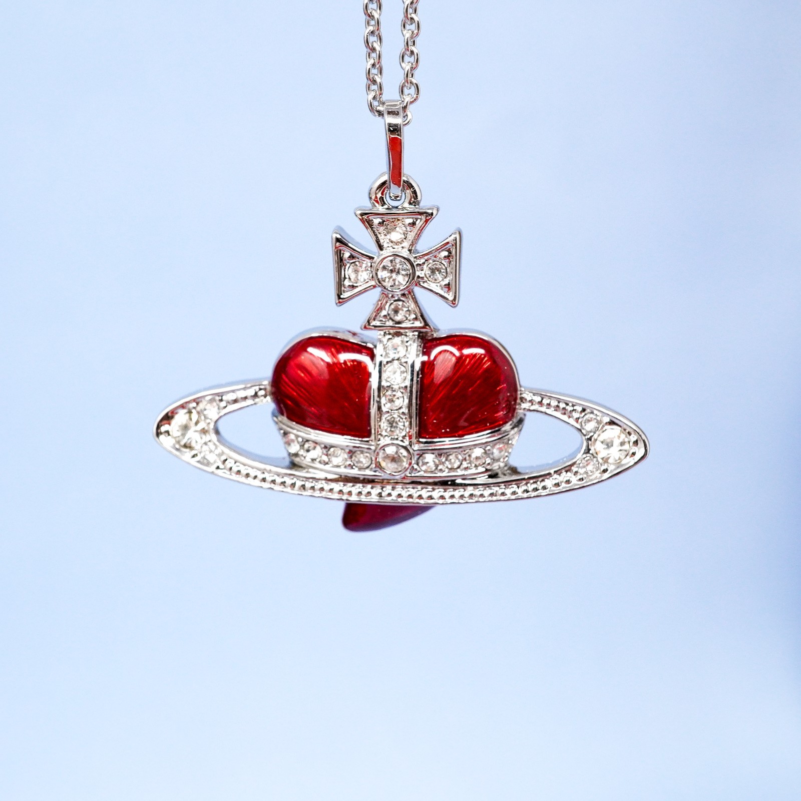 Vivienne Westwood Necklace Silver & Red Large Heart Orb Pendant Box Included