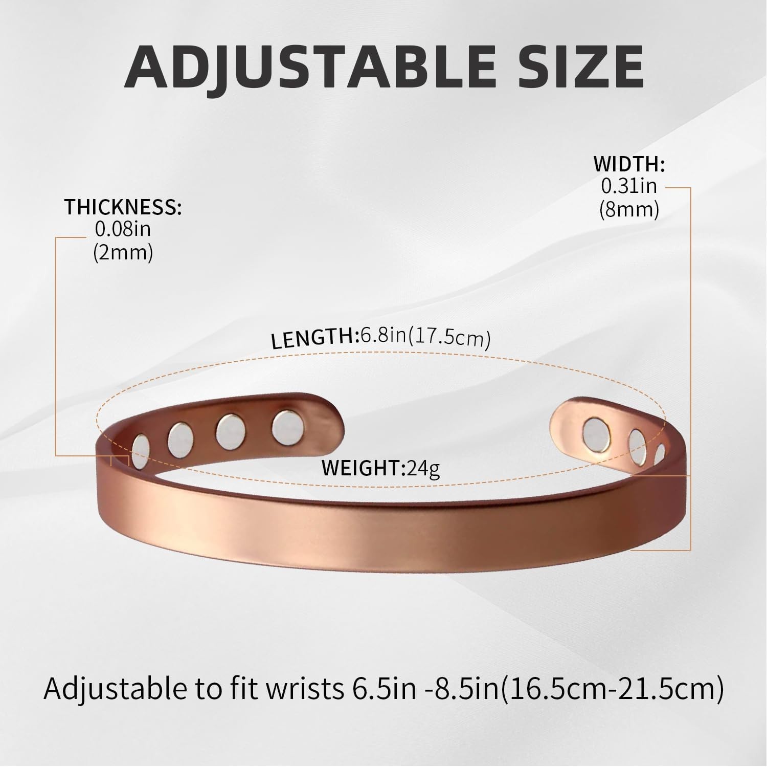 Stylish 99.9% Pure Copper Adjustable Bangle with 8 Magnetic Therapy Gems, 6.8″