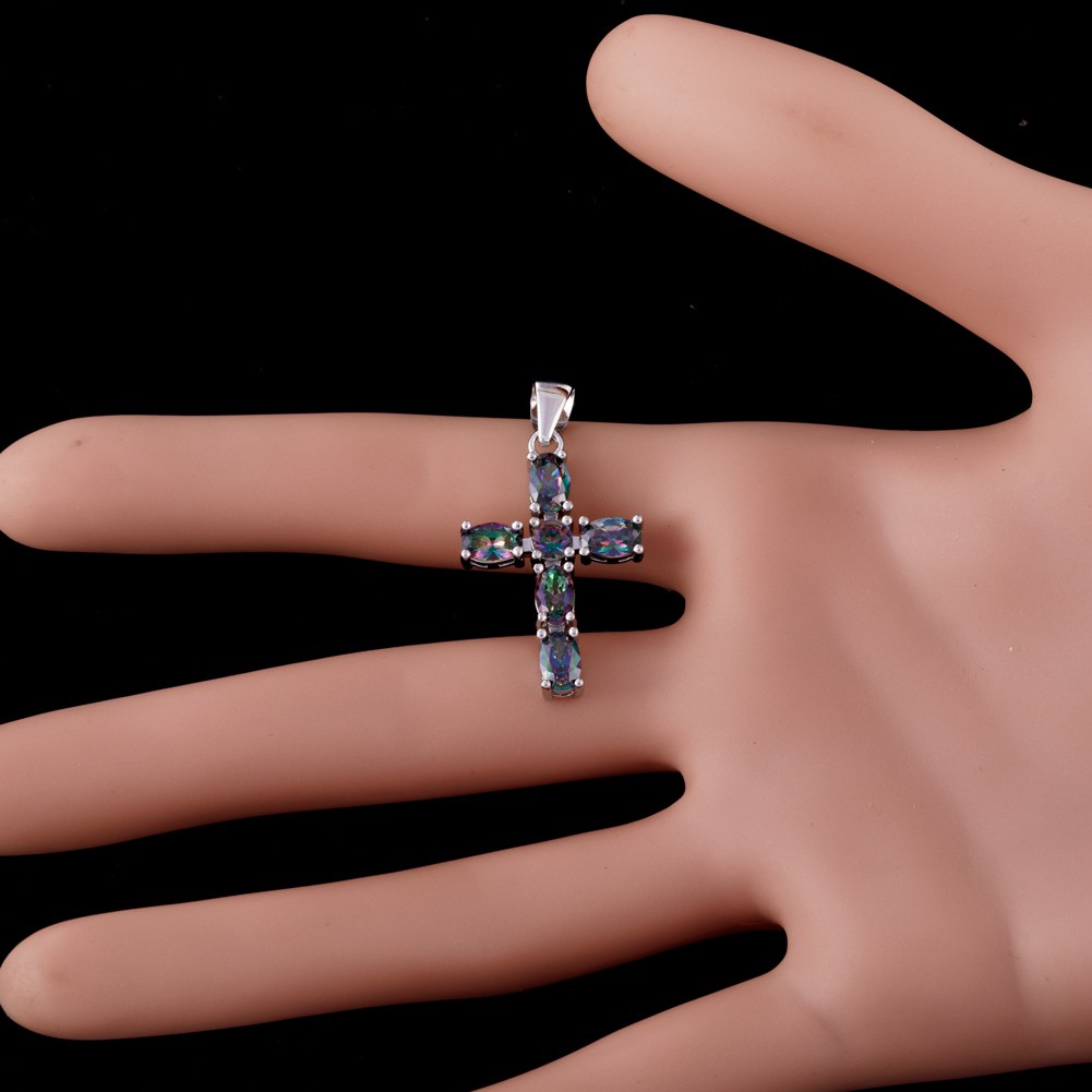 Latin Cross 4×6 Oval Rainbow Mystic Topaz Silver Jewelry Necklace Pendant