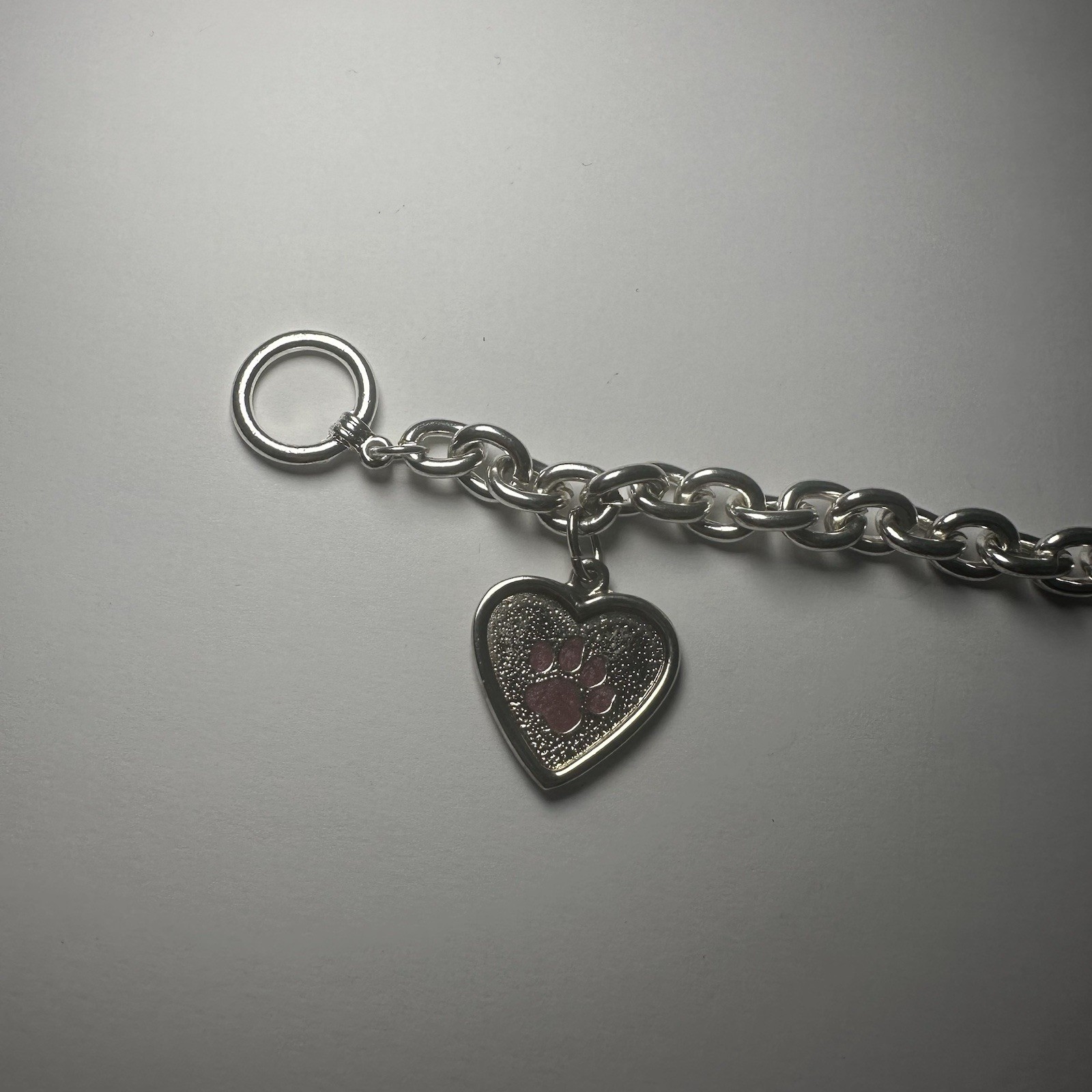 Silver Tone Toggle Bracelet Heart Paw Print Dangle Charm 8 in