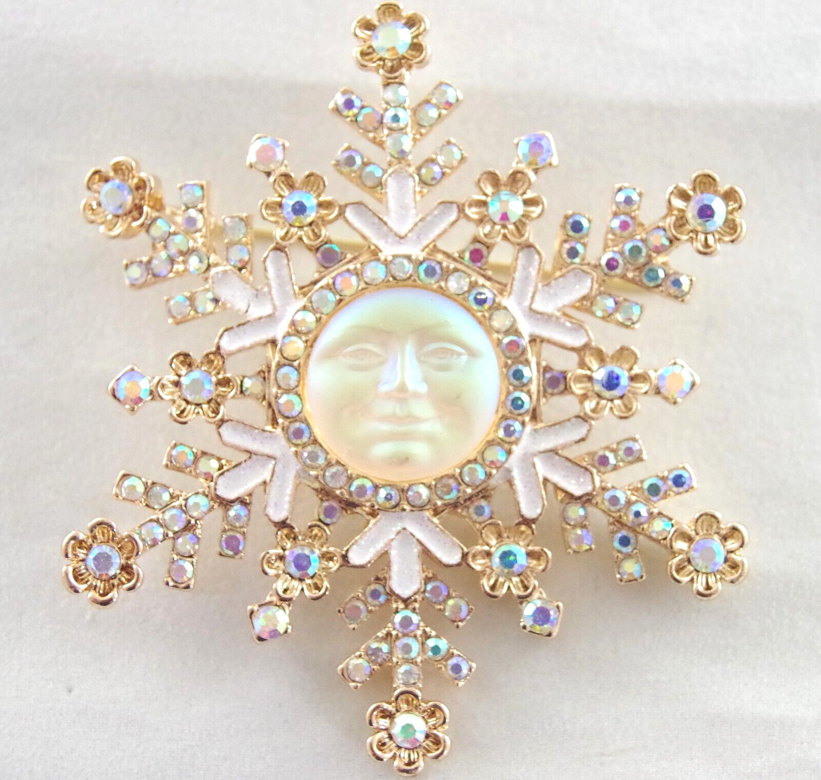 3″ NWOT UNSIGNED VTG INSPIRED MOON FACE AB RHINESTONE SNOWFLAKE PENDANT BROOCH