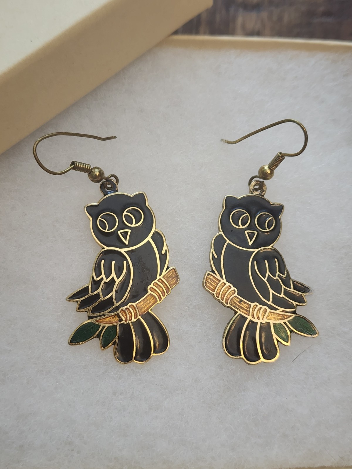 Owl Earrings Cloisonne Black Multi Color Dangling Drop