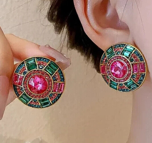 Vibrant Green Pink JEWEL Rhinestone Bead Betsey Johnson Necklace Earrings SET