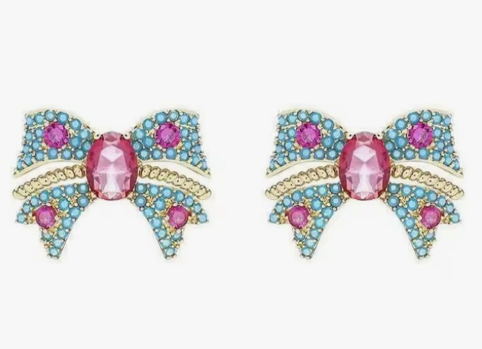 Super Cute Sparkly Blue Red BOW Rhinestone Gold Betsey Johnson Earrings