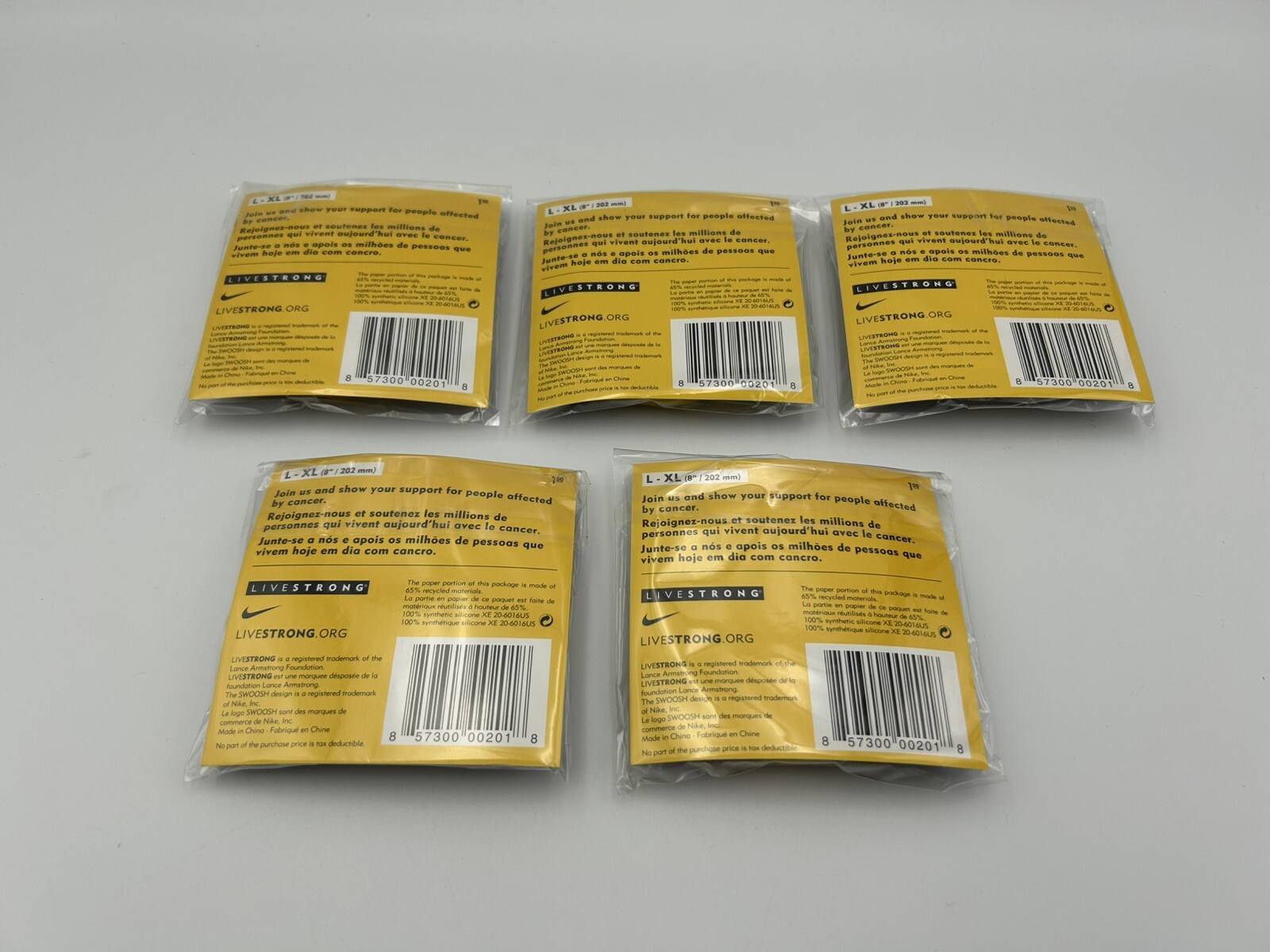 Lot of 5 – Nike Livestrong Authentic Bracelet NEW (Size L/G-XL) 8″/202 mm